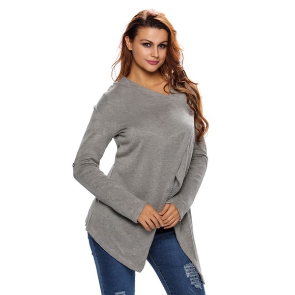 Grey Asymmetric Wrapped Women Sweater - Picture 2 of 3